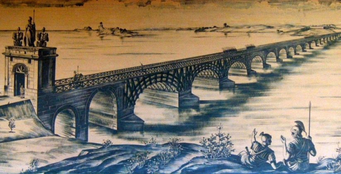 Podul lui Traian, construi de Apolodor din Damasc, peste Dunăre. Imagine concept, sursă foto: PrimariaDrobeta.ro