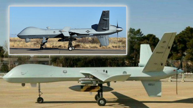 Drona Iranului Kaman 22, și, în stânga sus, MQ-9 Reaper. Sursă foto: www.TheAviationist.com