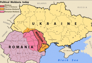 Teritoriile fostului Voievodat al Moldovei, azi împărțite între România (roz), republica Moldova (roșu) şi Ucraina (portocaliu), sursă foto: Wikipedia