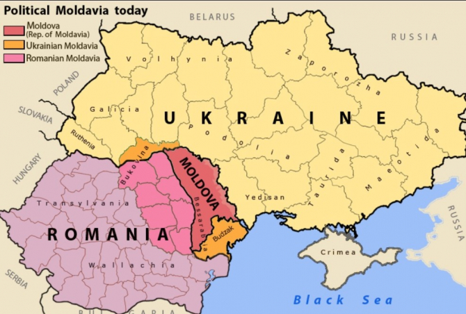 Teritoriile fostului Voievodat al Moldovei, azi împărțite între România (roz), republica Moldova (roșu) şi Ucraina (portocaliu), sursă foto: Wikipedia