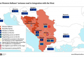 O hartă a Balcanilor, privind integrarea în UE și NATO, în 2018. Sursă foto: Geopolitical Intelligence Services - www.GISreportsonline.com