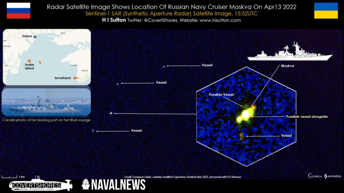 Imagini din satelit care surprind momentul în care crucişătorul rus Moskva, care naviga în apele Mării Negre, este cuprins de flăcări. Sursa foto: Naval News.