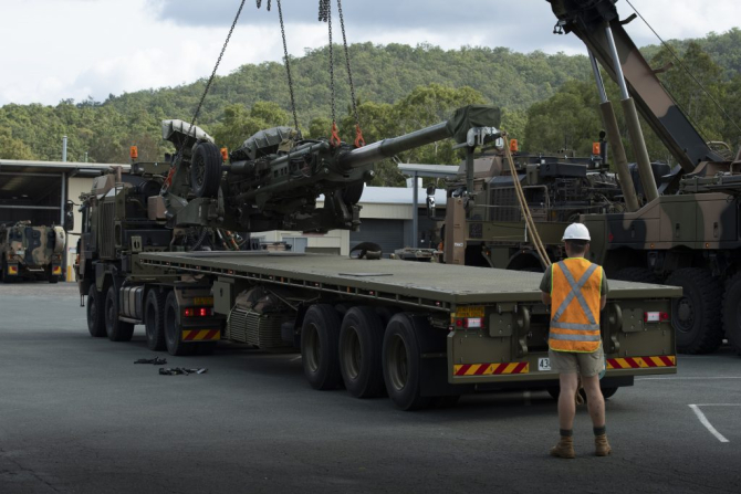 Un obuzier M777 este pregătit pentru a fi livrat Ucrainei. Sursa Foto Twitter: Departamentul Australian al Apărării.