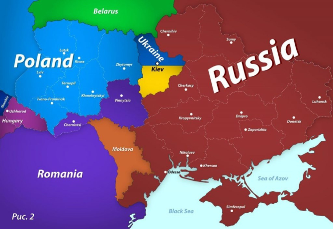 Hartă prezentată în trecut de Dmitri Medvedev, una din diversiunile fostului președinte rus, prin care propunea împărțirea Ucrainei cu Ungaria, Polonia și România