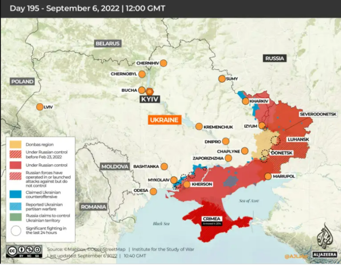 Harta operațiunilor militare și teritoriului ocupat din Ucraina la data de 6 septembrie 2022. Foto: Al Jazeera