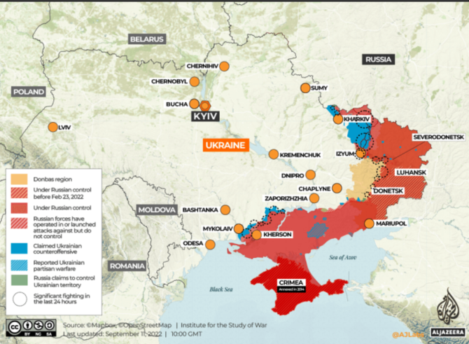 Harta contraofensivei ucrainene, 11.09.2022. Foto: Institute for the Study of War via All Jazeera (www.AlJazeera.com)