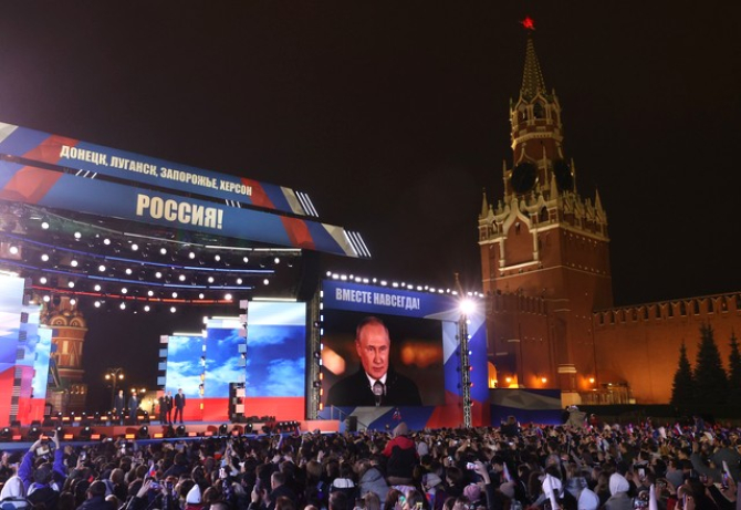 Președintele rus Vladimir Putin, în timpul discursului din Piața Roșie din Moscova după anexarea celor patru regiuni ale Ucrainei. Foto: Kremlin