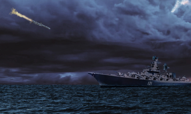 Imagine concept cu momentul lovirii crucișătorului Moskva, de rachete ucrainene Neptun, în timpul unei furtuni din Marea Neagră. Foto: Pravda.com.ua