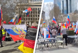 Mii de protestatari pro Putin manifestă în Germania, aprilie 2022. Sursa Foto: Twitter @peterjwilke/@warringtwenties
