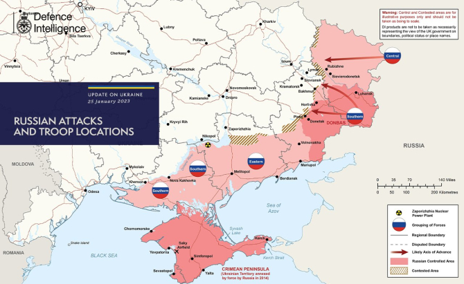 Situația pe 26 ianuarie 2023 pe frontul din Ucraina în războiul declanșat de Rusia. Foto: Ministerul Apărării din Marea Britanie