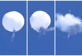 Imagini ale balonului spion chinezesc după ce a fost lovit de o rachetă AIM-9X trasă de un F-22 Raptor, pe 4 februarie 2023. Sursa Foto: U.S. Naval Institute.