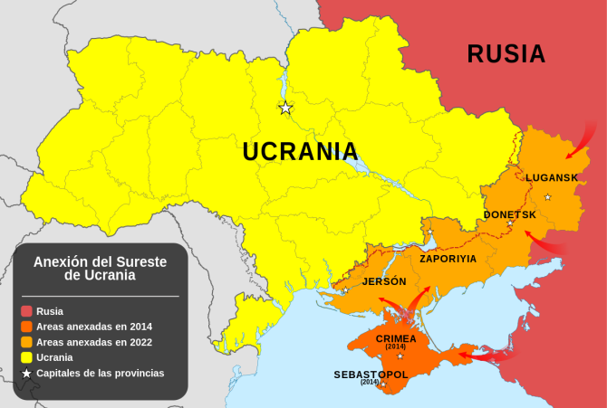 Hartă a celor patru oblasturi ucrainene Herson, Zaporojie, Donețk și Lugansk, anexate ilegal de Federația Rusă. Foto: Wikidata