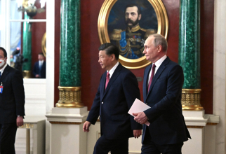 Președintele rus Vladimir Putin și președintele chinez Xi Jinping, aflat în vizită la Moscova. Foto: Kremlin