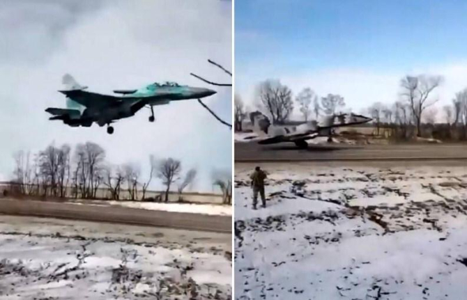 Avioane MiG-29 și Su-27 ucrainene, decolând de pe șoselele Ucrainei. Captură video
