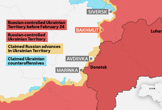 Bahmutul, aproape încercuit de forțele ruse. Situația de pe frontul de est din aprilie 2023. Photo credit: ABC News: Jarrod Fankhauser/Institute for the Study of War