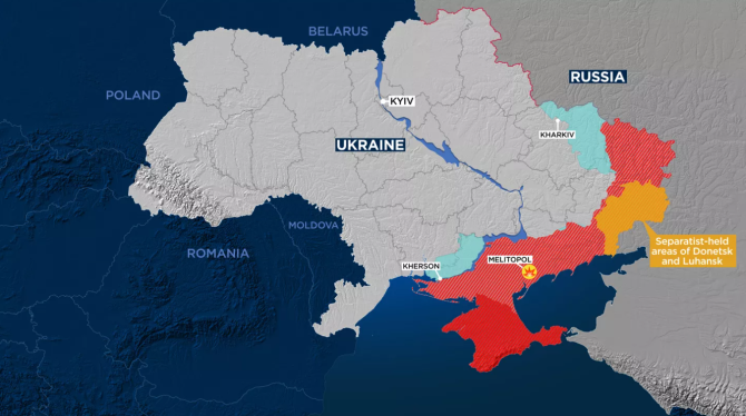 Teritoriul ucrainean aflat sub ocupația forțelor ruse, la începutul lunii aprilie 2023. Foto: Euronews