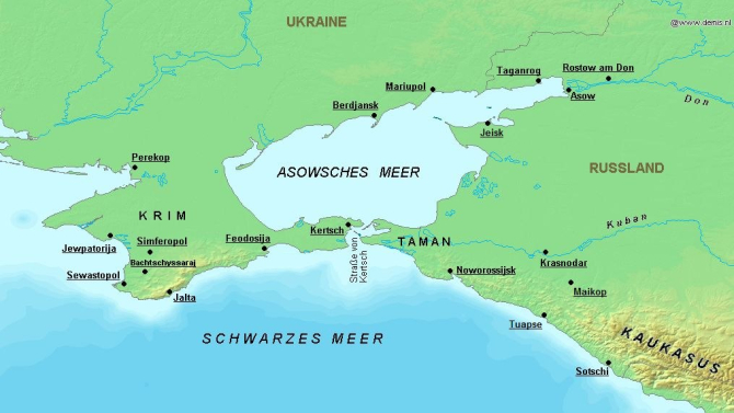 Portul Taman, care joacă un rol decisiv în alimentarea Crimeei și a Flotei ruse de la Marea Neagră, aflat aproape de strâmtoarea Kerci. Foto: Mapcarta