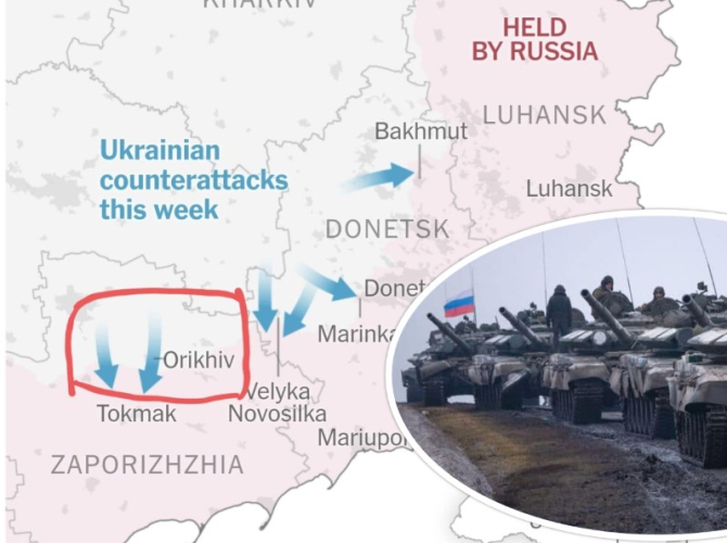 Frontul din sud-estul Ucrainei, 9 iunie 2023 / Sursa harta: ISW și New York Times