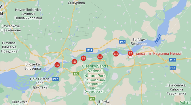 Harta zonei inundate de apele din barajul Kahovka / googlemaps, 07 iunie 2023