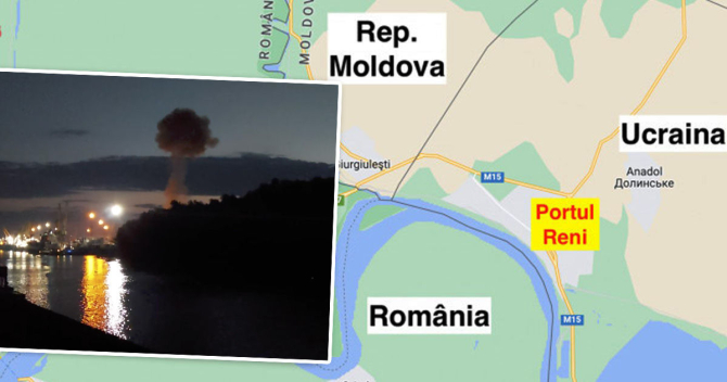 Rusia lovește în portul ucrainean Reni, la granița cu România. Sursa foto: Point.md.