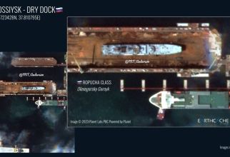 Nava rusă de desant "Olenegorsky Gornyak" într-un doc uscat din portul Novorossiisk, 8 august 2023. Sursa foto: Imagine din satelit EarthCache.
