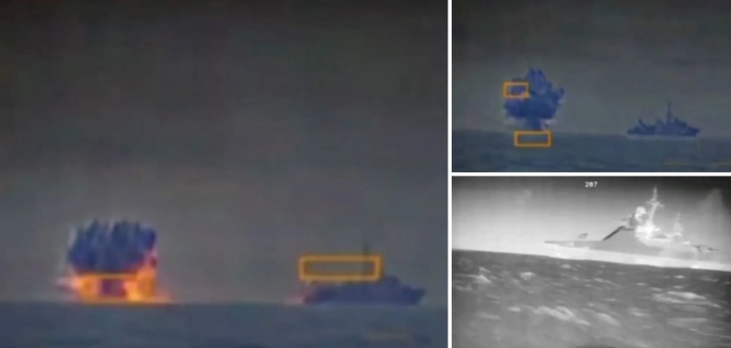 Direcția principală de informații a Ministerului ucrainean al Apărării a publicat o înregistrare video cu momentul în care mai multe drone kamikaze ucrainene ataca navele rusești aflate în Marea Neagră: Srusa Foto:GUR.
