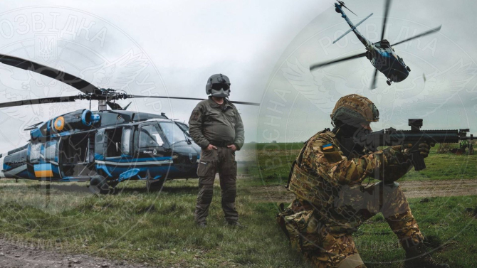 Militarii Serviciului de Informații al Apărării din Ucraina (GUR) fac un exerciţiul militar cu un elicopter Black Hawk. Sursa Foto: GUR.