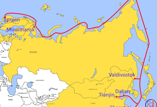 One Belt, one Road; Inițiativa chineză „Drumul și Centura” și noua rută (cu roșu) arctică care încercuiește Federația Rusă. Photo source: OBOReurope
