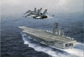 Avioane de luptă americane F-18 zburând deasupra portavionului USS Eisenhower. Foto credit: Aviation Art Hangar