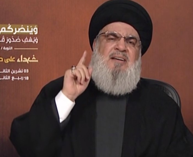 Liderul grupării teroriste Hezbollah, Hassan Nasrallah, în timpul discursului din 3 noiembrie 2023 / captură video