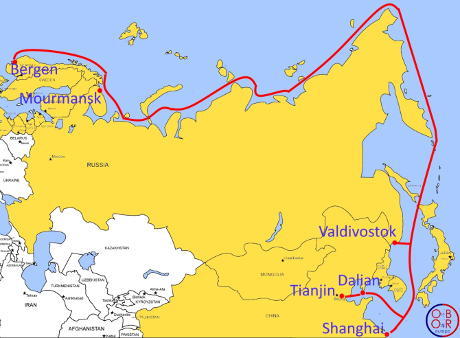 One Belt, one Road; Inițiativa chineză „Drumul și Centura” și noua rută (cu roșu) arctică care încercuiește Federația Rusă. Photo source: OBOReurope