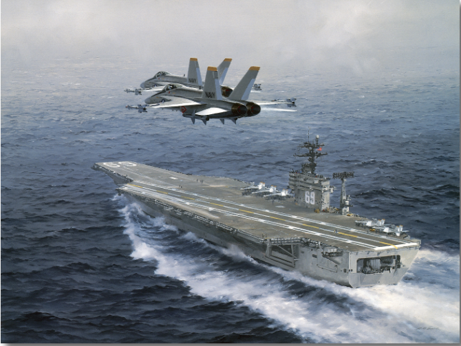 Avioane de luptă americane F-18 zburând deasupra portavionului USS Eisenhower. Foto credit: Aviation Art Hangar