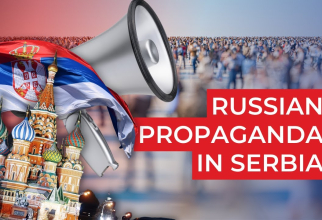 Ilustrare a campaniei de propagandă derulată de Rusia în Seria. Sursa Foto: Captura foto din video Russian propagandă în Serbia through the prism of sanctions.