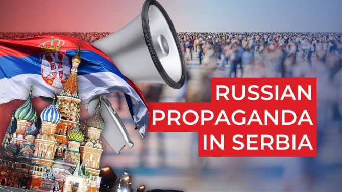 Ilustrare a campaniei de propagandă derulată de Rusia în Seria. Sursa Foto: Captura foto din video Russian propagandă în Serbia through the prism of sanctions.