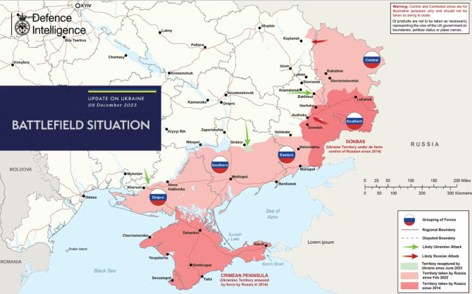 Frontul din Ucraina, în decembrie 2023. Hartă publicată de serviciile de informații britanice