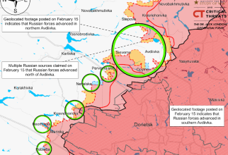 Situația din Avdiivka, oraș încercuit de ruși, la 15 februrarie 2024. Photo source: ISW
