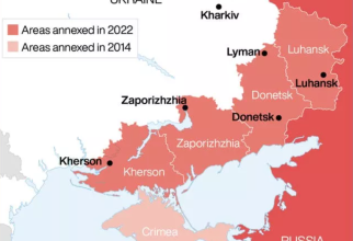Harta cu regiunile controlate de Ucraina înainte de război și anexate ilegal de către Rusia. Photo source PA GRAPHIC