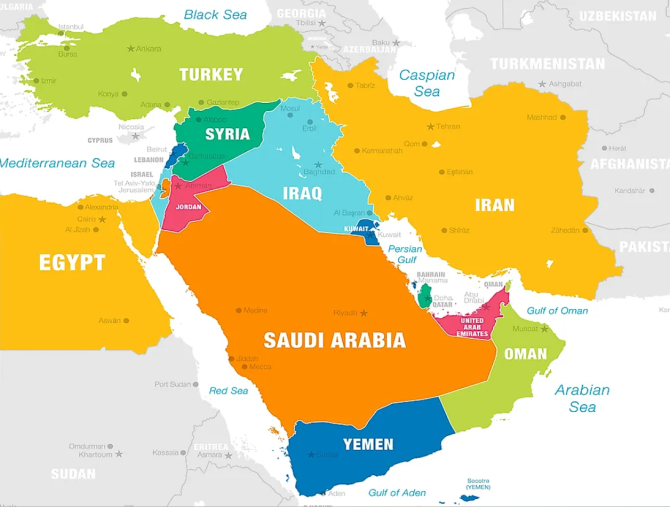 Orientul Mijlociu, hartă publicată de WorldAtlas.com. Photo source: WorldAtlas.com