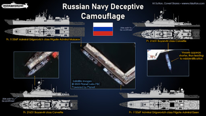 Marina militară rusă a continuat să aplice un camuflaj înșelător pe unele dintre cele mai importante nave care operează în Marea Neagră. Utilizarea noului camuflaj a fost semnalată pentru prima dată la 22 iunie 2023, când fregata Amiral Essen a fost obser