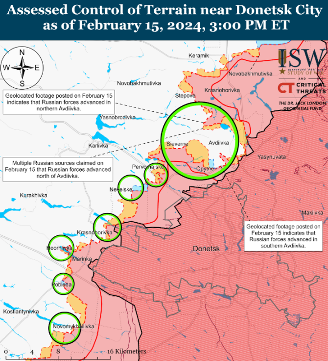 Situația din Avdiivka, oraș încercuit de ruși, la 15 februarie 2024, înainte cu două zile de cădere. Photo source: ISW