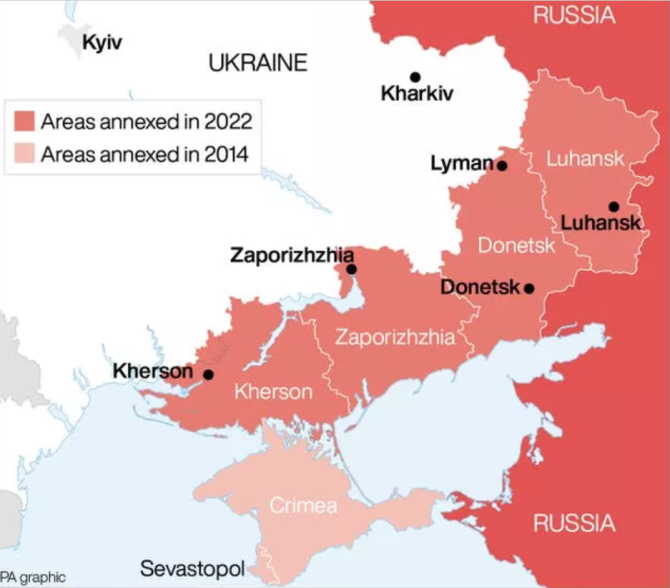 Harta cu regiunile controlate de Ucraina înainte de război și anexate ilegal de către Rusia. Photo source PA GRAPHIC