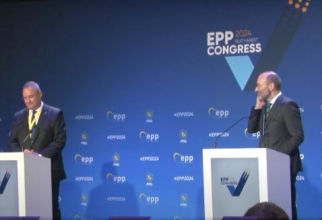 Nicolae Ciucă, președintele PNL și Manfred Weber, președintele Partidului Popular European (PPE) la congresul PPE organizat de PNL în România. Foto: Captură video DC News