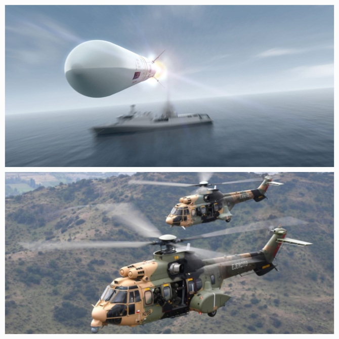 Sistemul Sea Ceptor și elicoptere H215M ale Armatei Chiliene. Foto: Colaj DefenseRomania din foto oficiale MBDA și Airbus