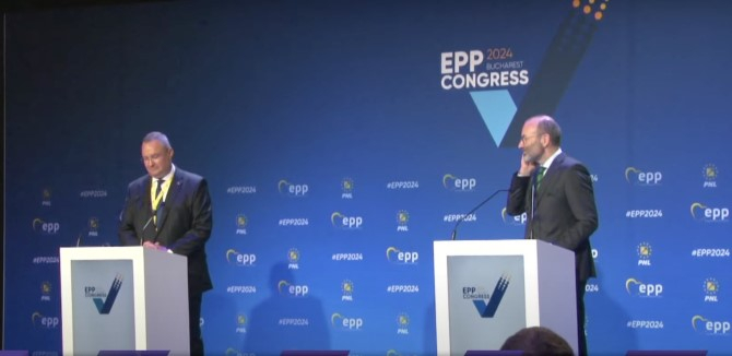 Nicolae Ciucă, președintele PNL și Manfred Weber, președintele Partidului Popular European (PPE) la congresul PPE organizat de PNL în România. Foto: Captură video DC News