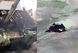 Un bizar "tanc de tip broască țestoasă" a fost observat în timpul unei lupte pe frontul din Ucraina, cu o carapace care îl acoperă aproape în întregime. Sursa foto: Twitter/X.
