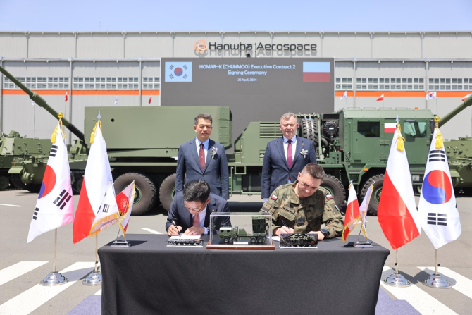 Polonia a anunțat semnarea unui acord pentru achiziția sistemului de rachete cu lansatoare multiplă (MLRS) HOMAR-K cu Republica Coreea, în cadrul unei ceremonii care a avut loc la 25 aprilie în prezența secretarului de stat polonez Pawel BEJDA. Sursa foto