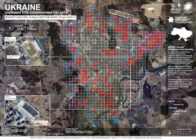 O analiză a unei imagini din satelit realizată de Centrul de sateliți al Națiunilor Unite arată amploarea pagubelor provocate de atacurile rusești la Cernihiv. UNOSAT este una dintre organizațiile care a folosit datele satelitare ale companiei comerciale 