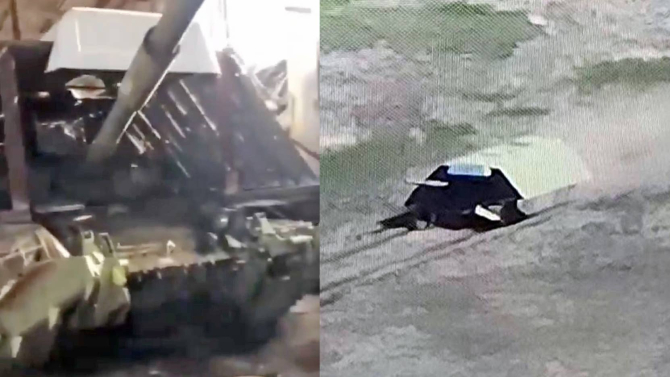 Un bizar "tanc de tip broască țestoasă" a fost observat în timpul unei lupte pe frontul din Ucraina, cu o carapace care îl acoperă aproape în întregime. Sursa foto: Twitter/X.
