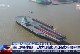 Portavionul chinezesc Fujian, testat în premieră pe mare. Photo source: Screenshot CCTV via China Ministry of Defence