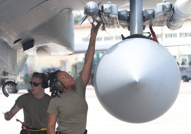 Echipa de mentenanță verificând muniția unui avion F-15C american, în timpul exercițiului Astral Knight 19. Photo source: U.S. Air Force